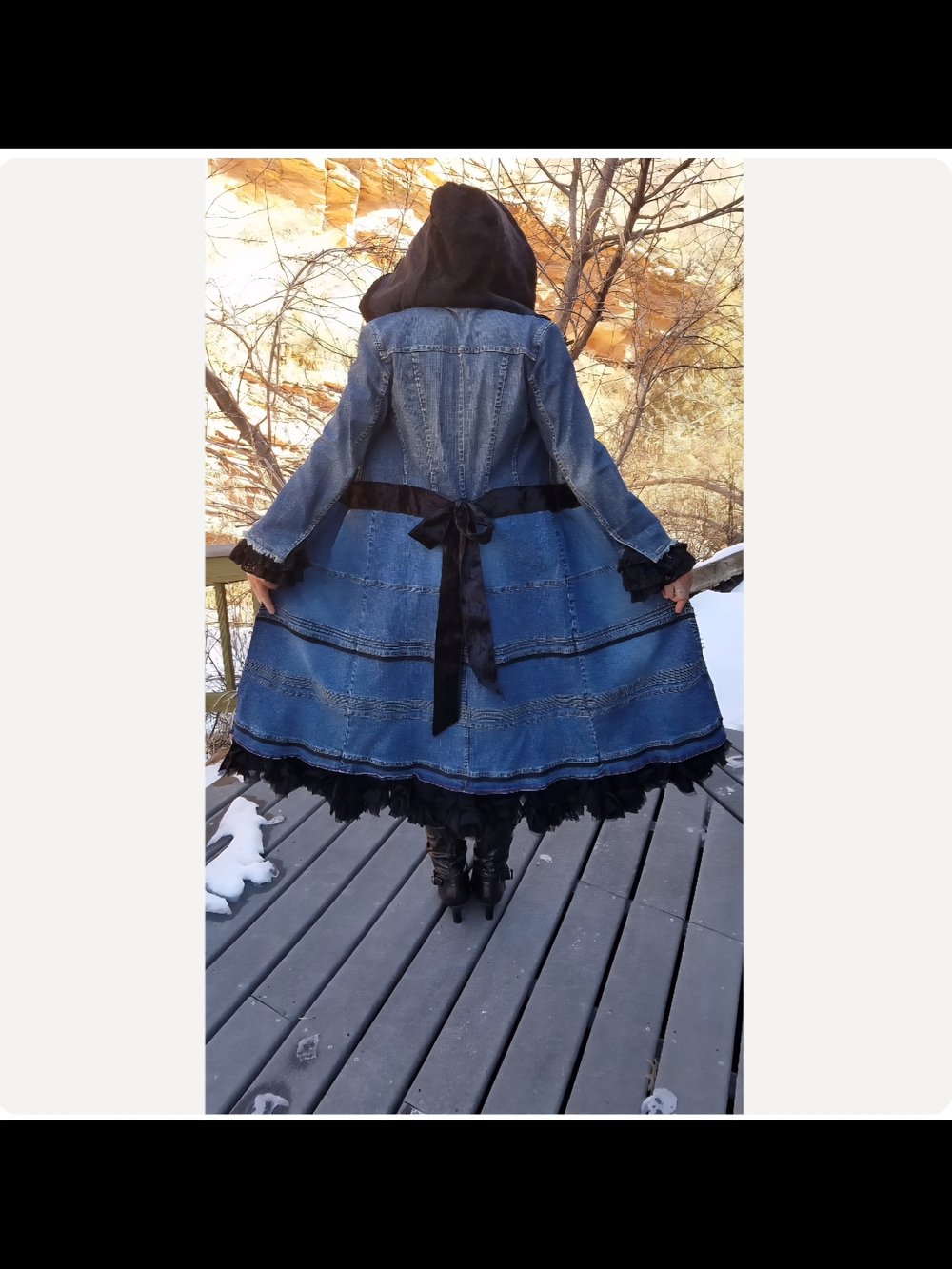 Long Blue Jean Jacket Duster Handcrafted Witchy Victorian